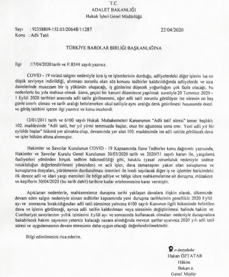 2020 yılı Adli Tatilin iptal edilmeyeceği ile ilgili bilgi