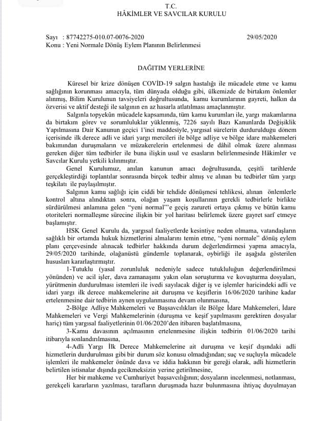 Adli sürecin 01 ve 15 Haziranda başlaması ve idari izinler hakkında duyuru (ilk sayfa)